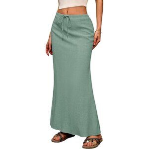 Women's Green Linen Back Slit Elastic Drawstring Flowy Ankle-Length Maxi Skirt